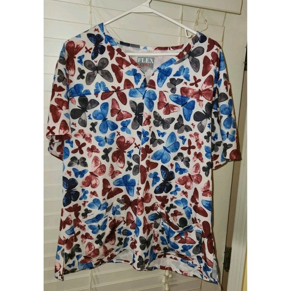 FLEX CORE Womens 8 Way Stretch Scrub Top Short Sleeve Butterfly 2XL...........B1
